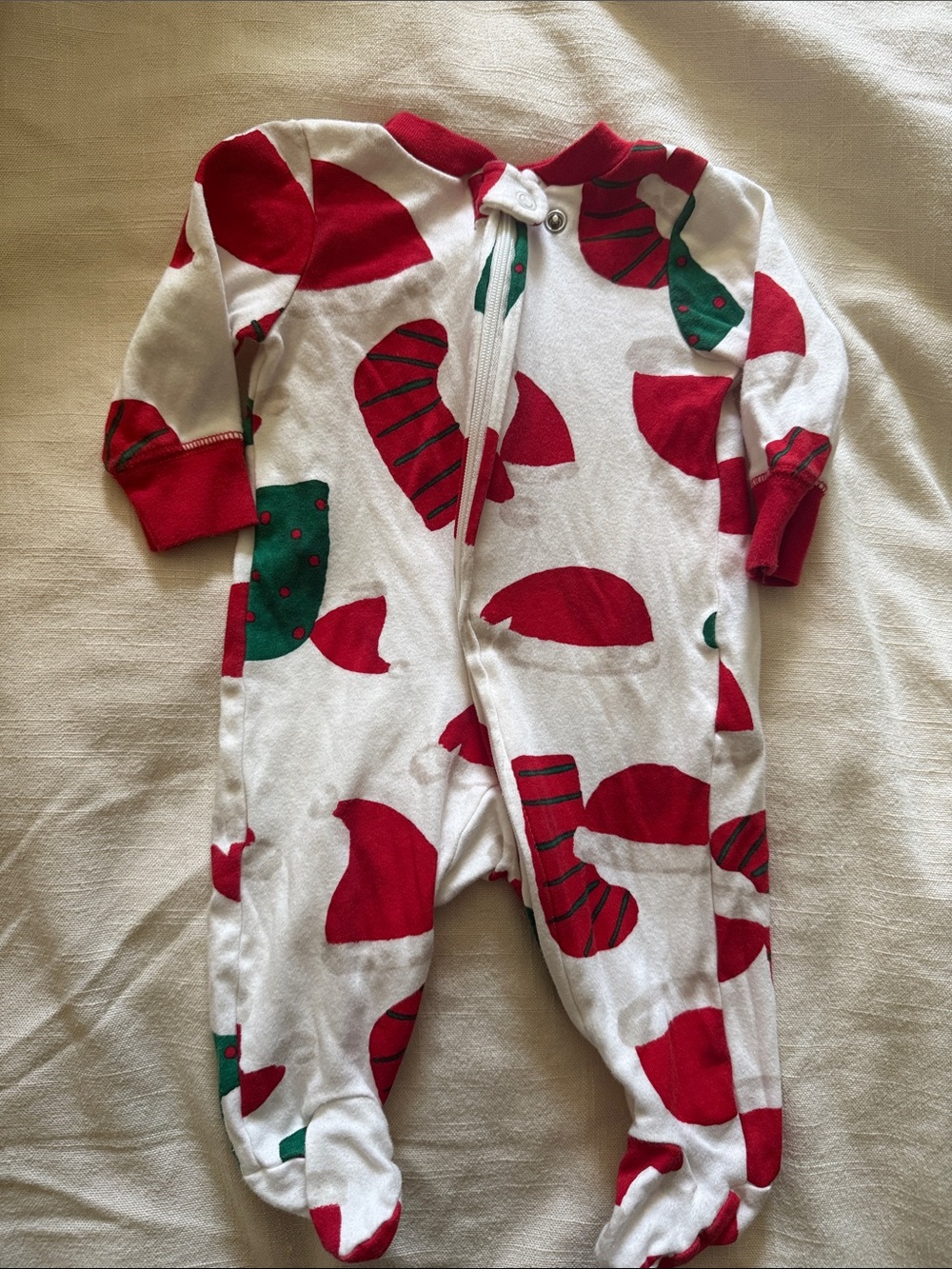 Carter's 3 Month White Footed Pajamas with Red & Green Holiday Print